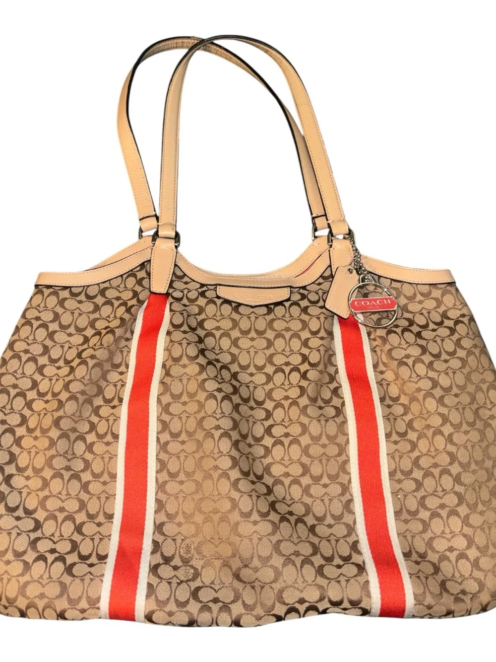 Coach Canvas Tote in Brown with Red Stripe Accents